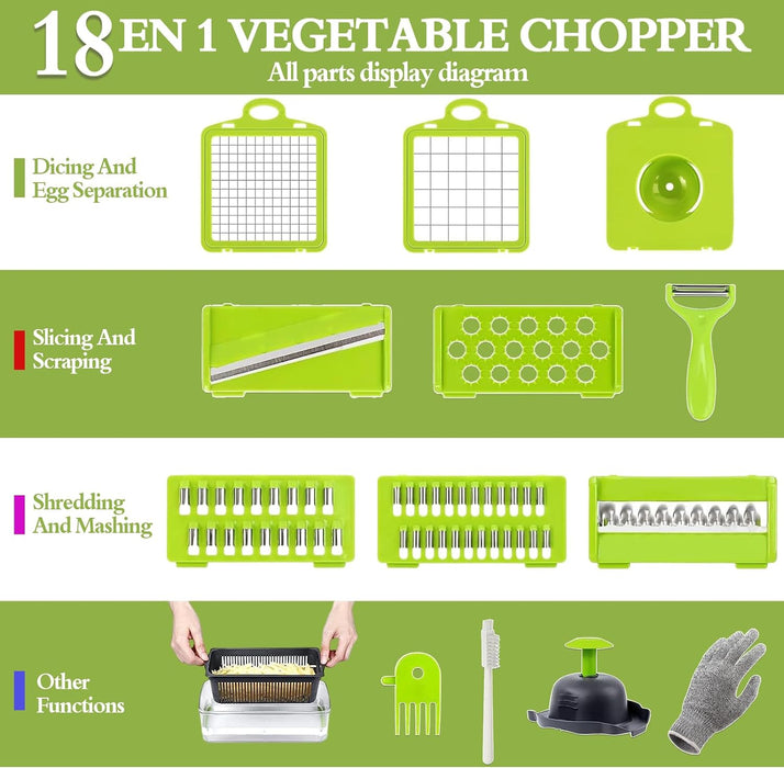 18 In 1 Vegetable Chopper, Mandoline Vegetable Slicer Multifunctional, Chopper Vegetable Cutter with 7 Blades, Mitten, Cleaning Brush and Peeler, Food Chopper for Cutting Vegetables and Fruit