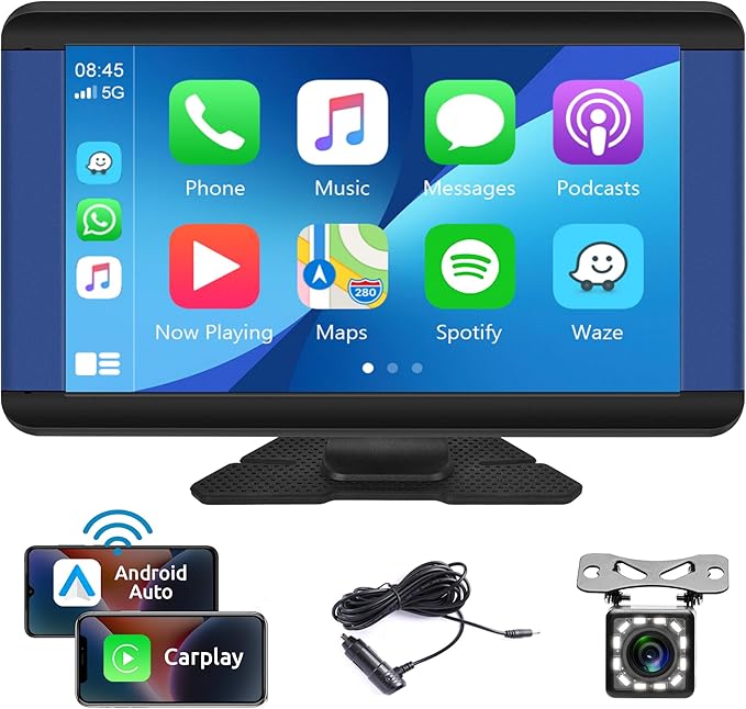 Rimoody Portable Car Stereo Wireless Apple Carplay Android Auto,7 Inch Touch Screen Carplay Screen Bluetooth/Mirror Link/Navigation/Voice Control/TF Card/AUX Cable, Backup Camera