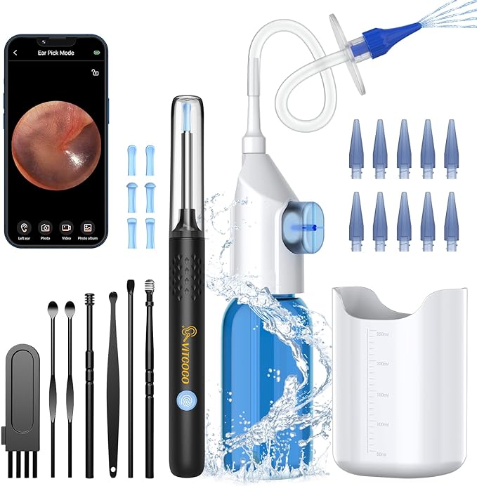 VITCOCO Ear Wax Removal Tool with Ear Camera, Ear Irrigation Flushing System for Adults & Kids, Ear Cleaner Ear Wax Remover with Ear Basin,9+1 Ear Tips, Syringe, 7 Ear Pickers Kit